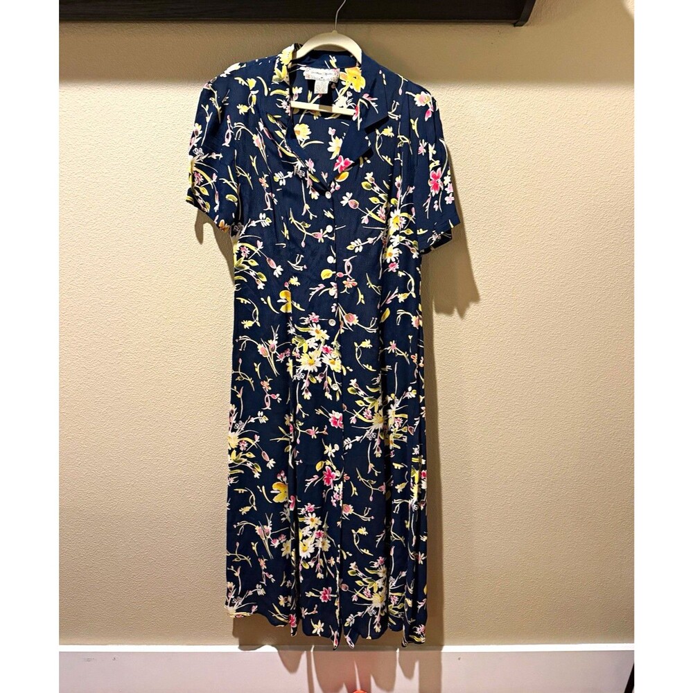 Vintage Jonathan Martin Blue Floral Collared Button Front Midi Dress 13/14